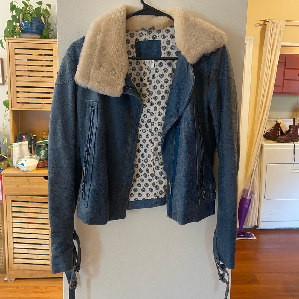 Ryder Blue Leather Jacket with Fur Collar